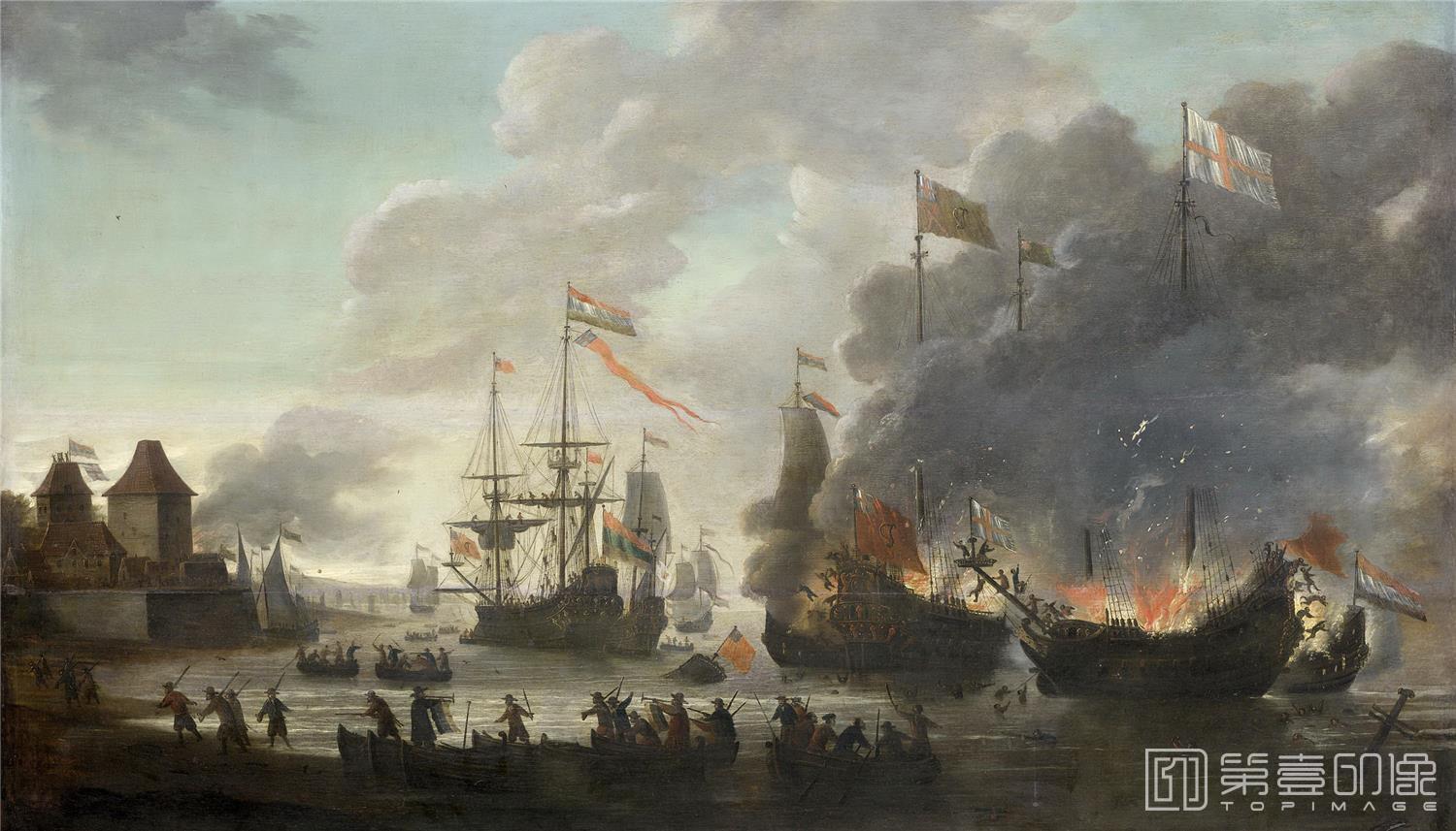 油画-荷兰阿姆斯特丹国家美术馆-Leyden Jan van De Hollanders steken Engelse schepen in brand tijdens de tocht naar Chatham 20 juni 1667-0858